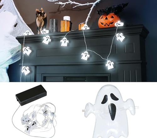 FIESTAS GUIRCA | Gespenster Lichterkette mit 10 LEDs Batterien (120 cm) - Halloween und Themenparty Dekoration - Ideal für Beleuchtung und gruselige Atmosphären - Weiß von FIESTAS GUIRCA