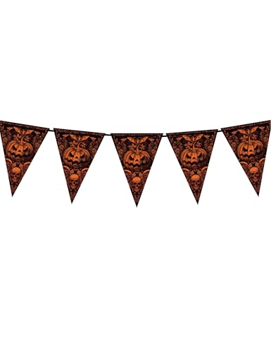 FIESTAS GUIRCA | Gotische Kürbis Wimpelkette (3m/20x30 cm) - Papierdekoration für gruselige Halloween Partys - Ideal für Horrorfeiern - Orange und Schwarz von FIESTAS GUIRCA