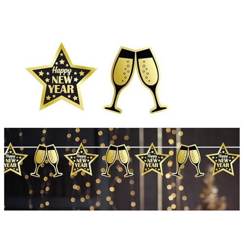 FIESTAS GUIRCA | Happy New Year Girlande Schwarz und Gold (300 cm) - Partydekoration für Neujahr und Feiern - Ideal für Silvesterpartys - Dekorationszubehör - Schwarz Gold von FIESTAS GUIRCA