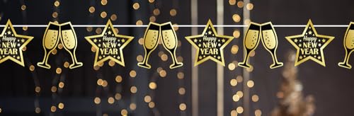 FIESTAS GUIRCA | Happy New Year Girlande Schwarz und Gold (300 cm) - Partydekoration für Neujahr und Feiern - Ideal für Silvesterpartys - Dekorationszubehör - Schwarz Gold von FIESTAS GUIRCA