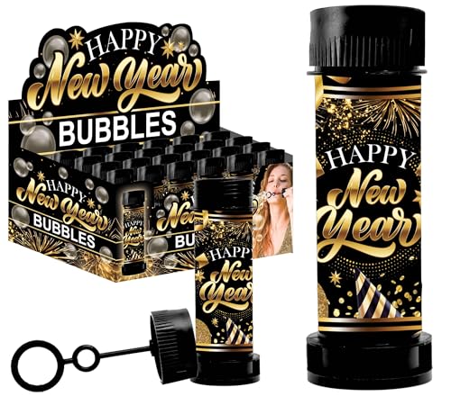 FIESTAS GUIRCA | Happy New Year Seifenblasen Box mit 24 Flaschen (14 cm) - Spielzeug für Weihnachts- und Silvesterfeiern - Unisex Kinderzubehör für Feiern und Events - Schwarz und Gold von FIESTAS GUIRCA