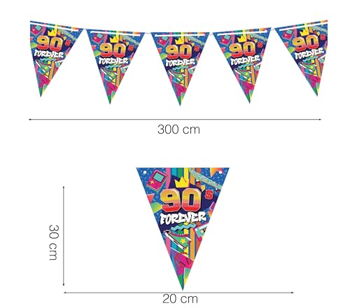 FIESTAS GUIRCA | Wimpelgirlande 90er Jahre (3m/20x30 cm) - Papierdekoration für Retro-Partys - Ideal für Feiern und Retro-Themen - Bunt von FIESTAS GUIRCA