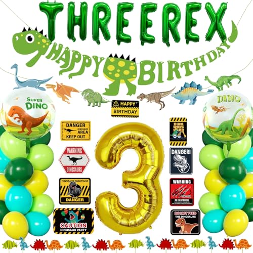 Drei Rex Dinosaurier Geburtstag Dekorationen 3 Jahre alt Happy Birthday Party Dekorationen 3rd Party Supplies Set für Jungen mit Banner Schilder Luftballons Kuchen Topper für 3 Rex von FIGEPO