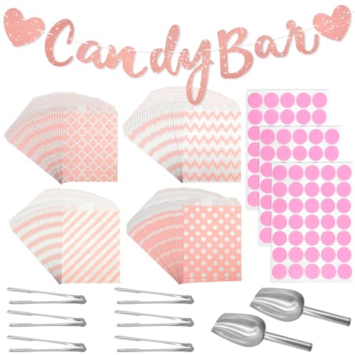 FIHODONE 112 Stück Candy Bar Zubehör,Enthält 100 Stück Candy Bar Tüten und 6 Zuckerzange,2 Eisschaufel und 3 Blätter Stickers und 1 Rosa Deko,Candybar Zubehör Set für Hochzeit Geburtstage Party von FIHODONE