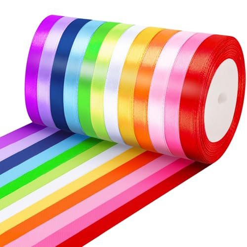 FIHODONE 12 Farben Geschenkband, Polyester Satinband 22m X 10mm, Satinband Schleifenband Geschenk Verpackung, Seidenband Schleifen, Satinbänder Heimwerkerkunst, Seidenbänder Bunt Geschenk von FIHODONE