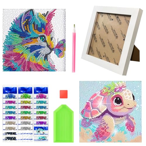 FIHODONE 2 Stück Diamond Painting mit Holzrahmen Set,Diamond Painting Kinder 5D DIY,Diamant Painting Bilder Kinder,Diamond Painting Katze für Home Wand Decor (18 X 18cm) ﻿ von FIHODONE