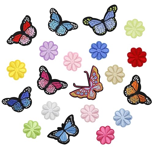 FIHODONE 20 Stück Patches zum Aufbügeln, Blumen Flicken zum Aufbügeln Kinder, Schmetterling Aufnäher Erwachsene Bügelflicken, Hübsch Bügelbilder für Textilien,Aufnäher Patches Selbst Gestalten von FIHODONE