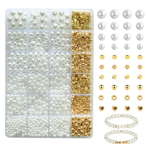 FIHODONE 2200 Stück Perlen für Armbänder Perlen Set,Armbänder Selber Machen 4/6/8/10mm Pearl und Goldenen Abstandskugeln mit 1 Aufbewahrungsbox,Perlenset für DIY,Schmuck Selber Machen Set von FIHODONE