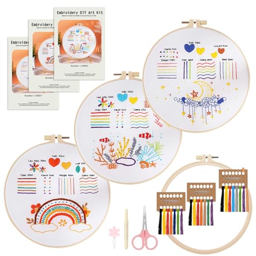 FIHODONE 3 sticken set erwachsene, embroidery kit mit Werkzeuge, stickset für anfänger, stickerei set mit Stickrahmen Farbfäden, kreuzstich set für DIY Kunst, Handwerk, bastelset erwachsene frauen von FIHODONE