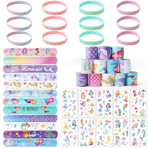 FIHODONE 34 PCS Meerjungfrau Geburtstag Deko,Enthält 10 Tattoo-Aufkleber,12 Mermaid Schnapparmband,12 Armband,Meerjungfrauen Gastgeschenk für Mitgebsel Kindergeburtstag,Meerjungfrau Geburtstag Deko von FIHODONE