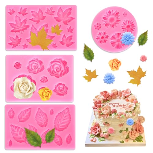 FIHODONE 4 Stück Silikonform Rosa,Silikonformen Gießformen 3D Rosen und Blätter,Silikonformen Blumen Dessertdekoration,Silicone Mold Formen Blume,Silikonform Backen für Kuchen,Sugarcraft,Schokolade von FIHODONE