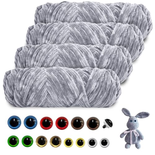 FIHODONE 400g(4×100g) Chenille Wolle zum Häkeln, Flauschige Wolle, Wolle zum Stricken, Dicke Wolle zum Stricken Dickes Garn, Babywolle zum Stricken Weich mit Sicherheitsaugen (Grey) von FIHODONE