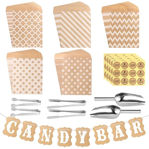 FIHODONE 72 Stück Candy Bar Zubehör, Enthält 60 Stück Candybar Tüten und 4 Zuckerzange, 2 Eisschaufel und 60 Stickers, Candybar Zubehör Set für Hochzeit Geburtstage Party von FIHODONE