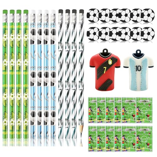 FIHODONE Fussball Mitgebsel Jungen, 12 Radiergummi Stift Graphit Bleikern mit 12 Fußball Radiergummi, Fußball Stift mit 2 Fußball Thema Pencil Sharpener, Fussball Geschenke mit 12 Flipperspiel Set von FIHODONE