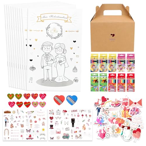 FIHODONE Hochzeitsmalbuch Kinder, 10 Mini Malbuch Hochzeit für Kinder mit Präsentbox, Lernspielzeug Gastgeschenke Hochzeit Kinder Beschäftigung mit 60 Buntstifte 2 Spitzern 2 Aufkleber 10 Radiergummi von FIHODONE