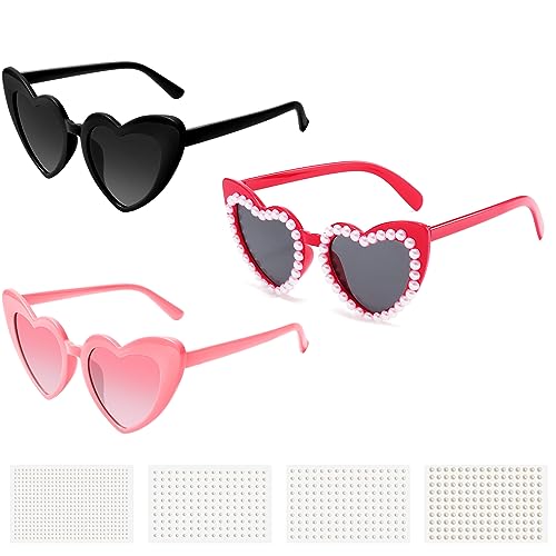 FINODONE 3 Stück Herz Sonnenbrille mit DIY Selbstklebendem Strass und Perlenschmuck,DIY Sonnenbrille Herz zum Aufkleben,mit Perlen und Strasssteineaufklebern für Party Fahren (Pearl Style) von FIHODONE