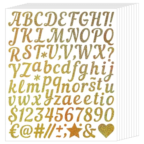 10 Blätter Buchstaben Aufkleber Gold Silber Glitzer,Selbstklebenden Buchstaben und Zahlen Sticker,Selbstklebende Gold Alphabet Zahlen Sticker für Schilder,Postfach,DIY Scrapbooking (Glod) von FILOEEX