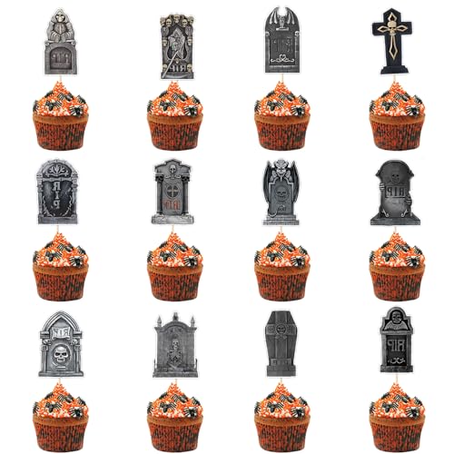 36 Stück Halloween Grabsteine Tortendeko,12 Designs Halloween-Cupcake-Topper,schreckliche Grabsteine,Grabstein Kuchen Topper für Happy Halloween Thema Geburtstag Party Kuchen Dekorationen von FILOEEX