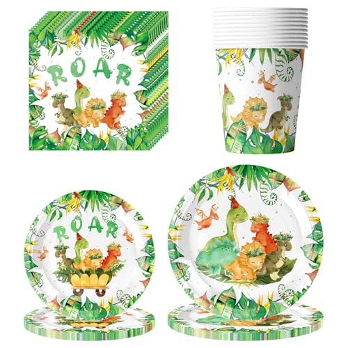 Dinosaurier Partygeschirr Set,50 Stück Dinosaur Party Supplies,Dinosaurier Deko Geburtstag Set,Dinosaurier Pappteller Becher Servietten Partygeschirr,Dino Partygeschirr für Kinder Geburtstag Mädchen von FILOEEX