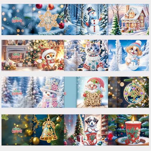 FILOEEX 12 Stück DIY Weihnachten Diamant-Malerei Karten,5D Weihnachten Diamond Painting Set,Weihnachtskarten Set mit Umschlag,DIY Diamant Malerei Weihnachten Karten for Familie,Freunde (MIX-B) von FILOEEX