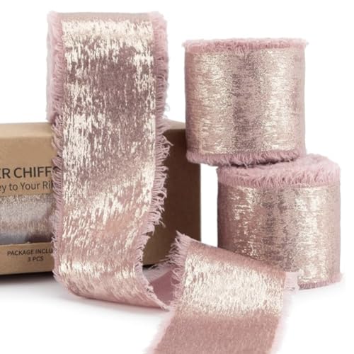 FILOEEX 3 Rollen Chiffonband Breit Schleifenband,Schimmernd Chiffon Seidenband,Geschenkband Hochzeit,Organzaband für Geschenkverpackungen,Blumenstrauß,Hochzeitseinladung,DIY Handwer (Rosa) von FILOEEX