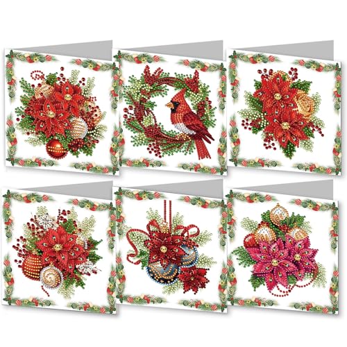 FILOEEX 6 Stück DIY Weihnachten Diamant-Malerei Karten,5D Weihnachten Diamond Painting Set,Weihnachtskarten Set mit Umschlag,DIY Diamant Malerei Weihnachten Karten for Familie,Freunde (Blume) von FILOEEX