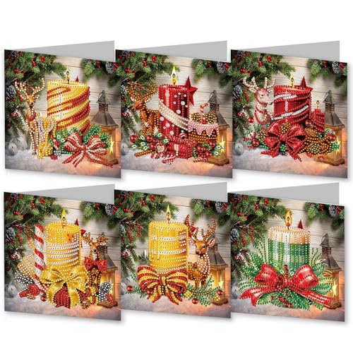 FILOEEX 6 Stück DIY Weihnachten Diamant-Malerei Karten,5D Weihnachten Diamond Painting Set,Weihnachtskarten Set mit Umschlag,DIY Diamant Malerei Weihnachten Karten for Familie,Freunde (Kerze) von FILOEEX