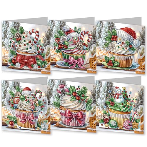 FILOEEX 6 Stück DIY Weihnachten Diamant-Malerei Karten,5D Weihnachten Diamond Painting Set,Weihnachtskarten Set mit Umschlag,DIY Diamant Malerei Weihnachten Karten for Familie,Freunde (Torte) von FILOEEX