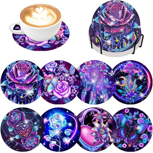 FILOEEX 8-Stücke Diamond Painting Untersetzer mit Halter,5D DIY Diamant-Painting Untersetzer Set,Blumen/Tierthema Diamond Painting,Diamond Painting Basteln für Anfänger Erwachsene Kinder (MIX-D) von FILOEEX