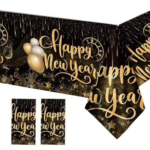 Frohes Neues Jahr Tischdecken 2025,3 Stück Happy New Year Banner Schwarz Gold Tischdecke,Tischdecken für Silvester Party Dekoration,Happy New Year Party Dekoration Tischdecke von FILOEEX