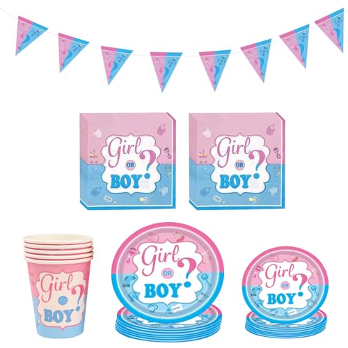 Gender Reveal Party Deko Partygeschirr Set,51 Stück Gender Reveal Party-Geschirr Boy or Girl,Gender Reveal Party Deko,Gender Reveal Party Geschirr Pappteller Servietten Banner,für 10 Gäste von FILOEEX