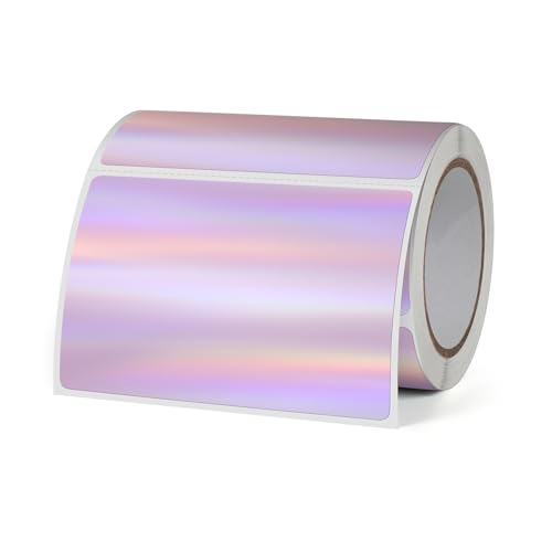 FINDAT Holographische Thermo-Etiketten 76 x 50 mm Violette Rolle Wasserfestes Vinyl Selbstklebend Bedruckbare Laser Thermo-Aufkleber für Logo Design Dankeskarten QR Preis 200 Stück von FINDAT