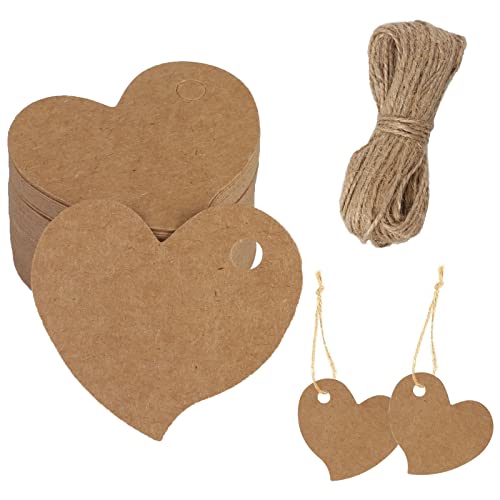 FINDIR 100 Stück Kraftpapier Anhänger Etiketten Herz Geschenkanhänger mit Juteseil 20M Kraft Papier Tags Anhängeschilder für Valentinstag Hochzeit Weihnachten Geschenke zum Basteln von FINDIR