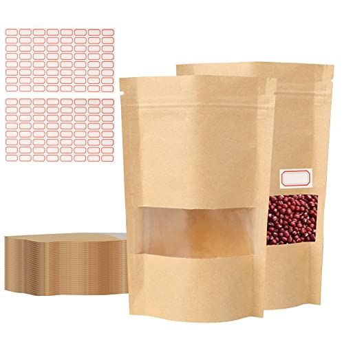 FINDIR 100pcs Kraftpapiertüten mit 2 Blatt Etikettenpapier Papiertüten Klein Braun Papierbeutel mit Fenster Wiederverwendbare Tüten für Süßigkeiten Nüsse Kaffeebohnen Teeblätter (10cm×15cm) von FINDIR