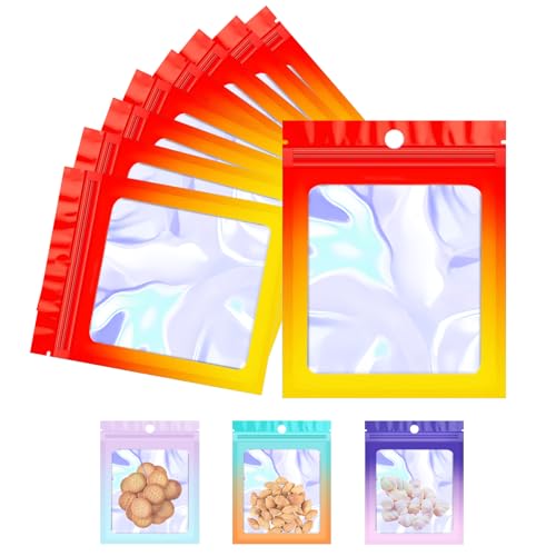 FINEASY 100 Stück Mylar Bags, Zip Beutel 9x12cm, Druckverschlussbeutel, Folienbeutel Baggies, Wiederverschließbare Mylar Beutel für Snacks, Kosmetik, Elektronik und Schmuck (Rot-Gelb) von FINEASY