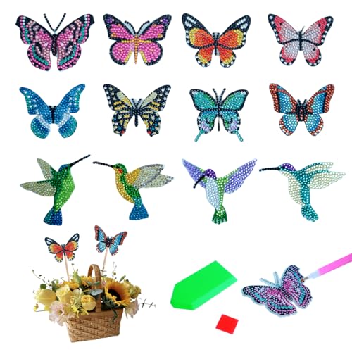 FINEASY 12 Stück Acryl Diamond Painting Schmetterling Kolibri Bastelset, Diamant Painting Schmetterlinge Deko Kits mit Dekostäbchen & Saugnapf, 5D Diamont Painting für Kinder, Erwachsene von FINEASY