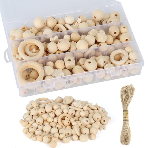 FINEASY 165 Stück Holzperlen Holzringe Set, Holzringe zum Basteln DIY Makramee, Holzkugeln mit Loch Kit, Holzperlen Natur, Holzperlen zum auffädeln Natur für DIY Schmuck Zubehör Herstellung von FINEASY