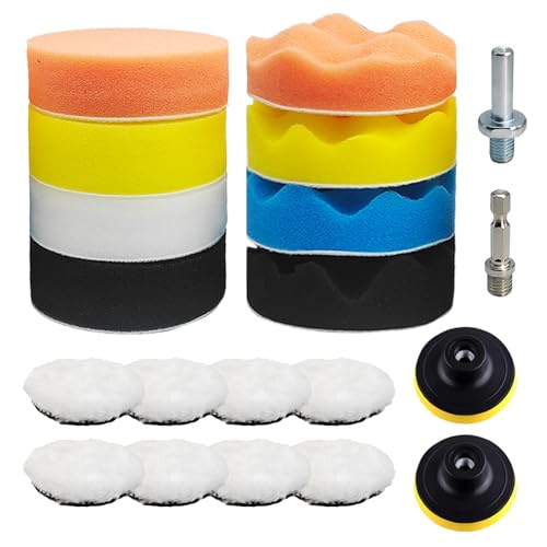 FINEASY 20 Stück Polierschwamm Auto Set, Polieraufsatz Akkuschrauber, 80mm Polierschwämme Pads Set mit Wolle Polierpads und Bohrer Adapter, Polierpad für Poliermaschine, Wachsen und Polieren von FINEASY