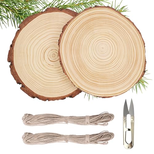 FINEASY Holzscheiben 2 Stücke Baumscheiben 18-20 cm Holz Log Scheiben Ca.15mm Dicke Runde Naturholz Baumscheiben mit zwei Hanfseil 10m, Holzscheiben für DIY, Basteln, Festliche Dekorationen von FINEASY