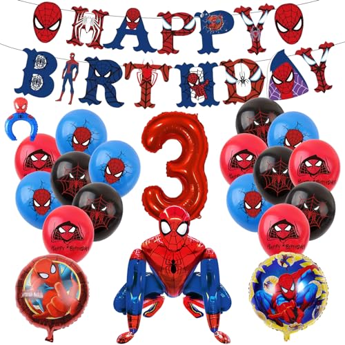 FINEVERNEK Spider Luftballons Geburtstagsdeko,Spider Luftballons Deco 3 geburtstag junge,Mit riesigen 3D-Spiderma-Heldenballons,Kindergeburtstag Luftballon Dekoration(3 geburtstag) von FINEVERNEK