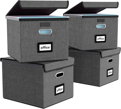 FINEW Stoff Faltbare Aufbewahrungsbox mit Deckel, Hängemappenbox für DIN A4 Hängeregister, Aufbewahrungsboxen für Büro, Faltbox für Familien (Dunkelgrau) 4pack von FINEW