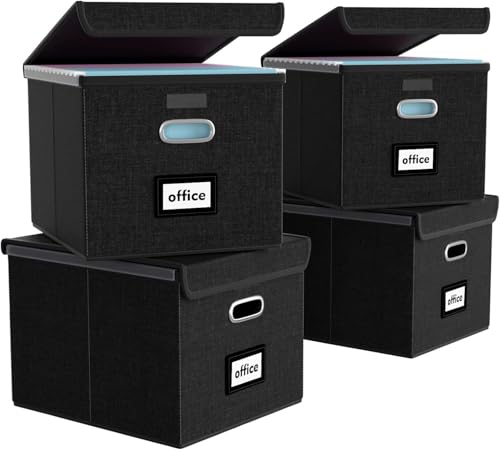 FINEW Stoff Faltbare Aufbewahrungsbox mit Deckel, Hängemappenbox für DIN A4 Hängeregister, Aufbewahrungsboxen für Büro, Faltbox für Familien (Schwarz) 4 Pack von FINEW