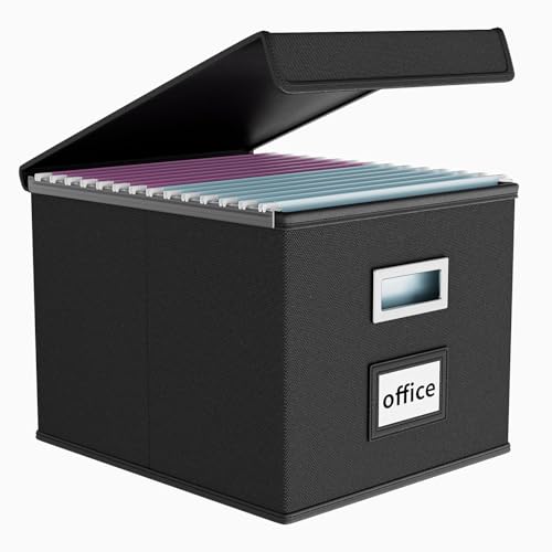 FINEW Stoff Faltbare Aufbewahrungsbox mit Deckel, Hängemappenbox für DIN A4 Hängeregister, Aufbewahrungsboxen für Büro, Faltbox für Familien (Schwarz) von FINEW