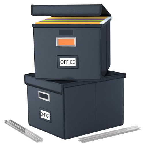 FINEW Stoff Faltbare Aufbewahrungsbox mit Deckel, Verbessertes Ledermaterial, Hängemappenbox für DIN A4 Hängeregister, Aufbewahrungsboxen für Büro, Faltbox für Familien (Schwarz) 2 Pack von FINEW