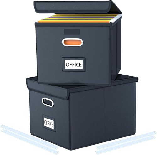 FINEW Stoff Faltbare Aufbewahrungsbox mit Deckel, Verbessertes Ledermaterial, Hängemappenbox für DIN A4 Hängeregister, Aufbewahrungsboxen für Büro, Faltbox für Familien (Schwarz) 2 Pack von FINEW