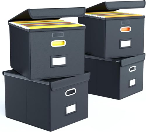 FINEW Stoff Faltbare Aufbewahrungsbox mit Deckel, Verbessertes Ledermaterial, Hängemappenbox für DIN A4 Hängeregister, Aufbewahrungsboxen für Büro, faltbox für Familien (Schwarz) 4Pack von FINEW