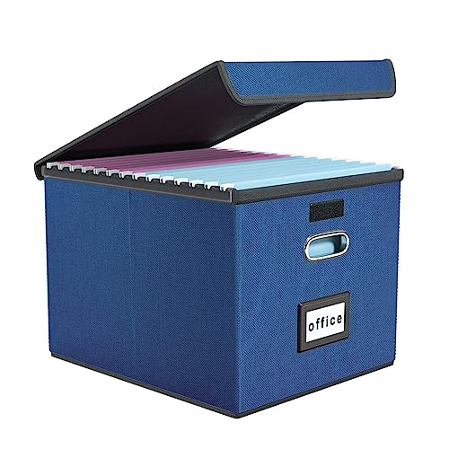 Finew Upgraded Portable File Organizer Box with Lid, Foldable Linen Hanging File Storage Boxes with Plastic Slide, Decorative Home Office Arching System for File and Folders Storage (Royal Blue) von FINEW