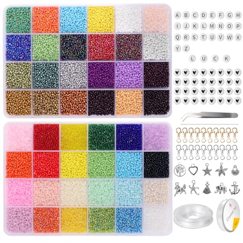 36250pcs 2mm Rocailles Perlen Glasperlen zum Auffädeln Perlen Armbänder Selber Machen Set Geschenkidee Perlenset für Schmuckherstellung Ketten Ringe Handwerk DIY Set mit Buchstaben (48 Farben-2mm) von FINGER QUEEN