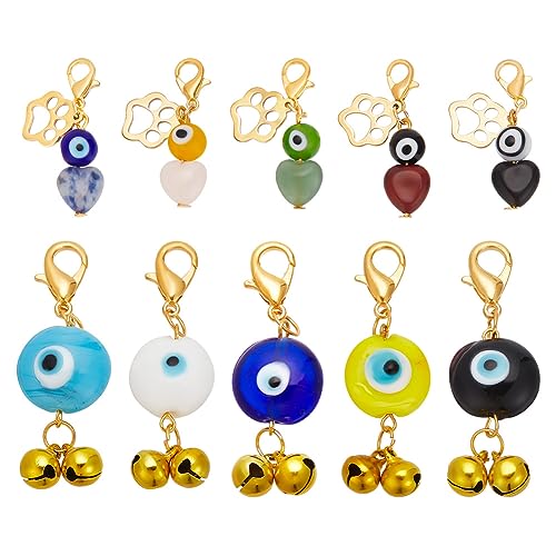 FINGERINSPIRE 10 Stück 2 Stile Böser Blick Schlüsselanhänger Mit Karabinerverschluss Bunte Böser Blick Perlenanhänger Mit Herz Natürlichem Edelstein Katzenpfoten Glockenanhänger Goldfarbene Anhänger von FINGERINSPIRE