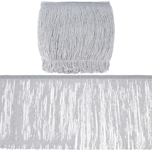 FINGERINSPIRE 10 m Glitzernde Fransenborte 20cm Breit Polyester Quasten Spitzenbesatz Metallisch Silber Weiß Fransen Spitzenbesatz Zum Nähen Quasten Spitzenbesatz Für Lateinamerikanische Tanzkleider von FINGERINSPIRE